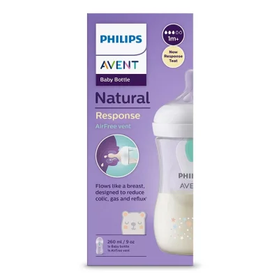 шише с биберон avent Natural Response 1 м+260 ml+ вентил отвор Air free мече